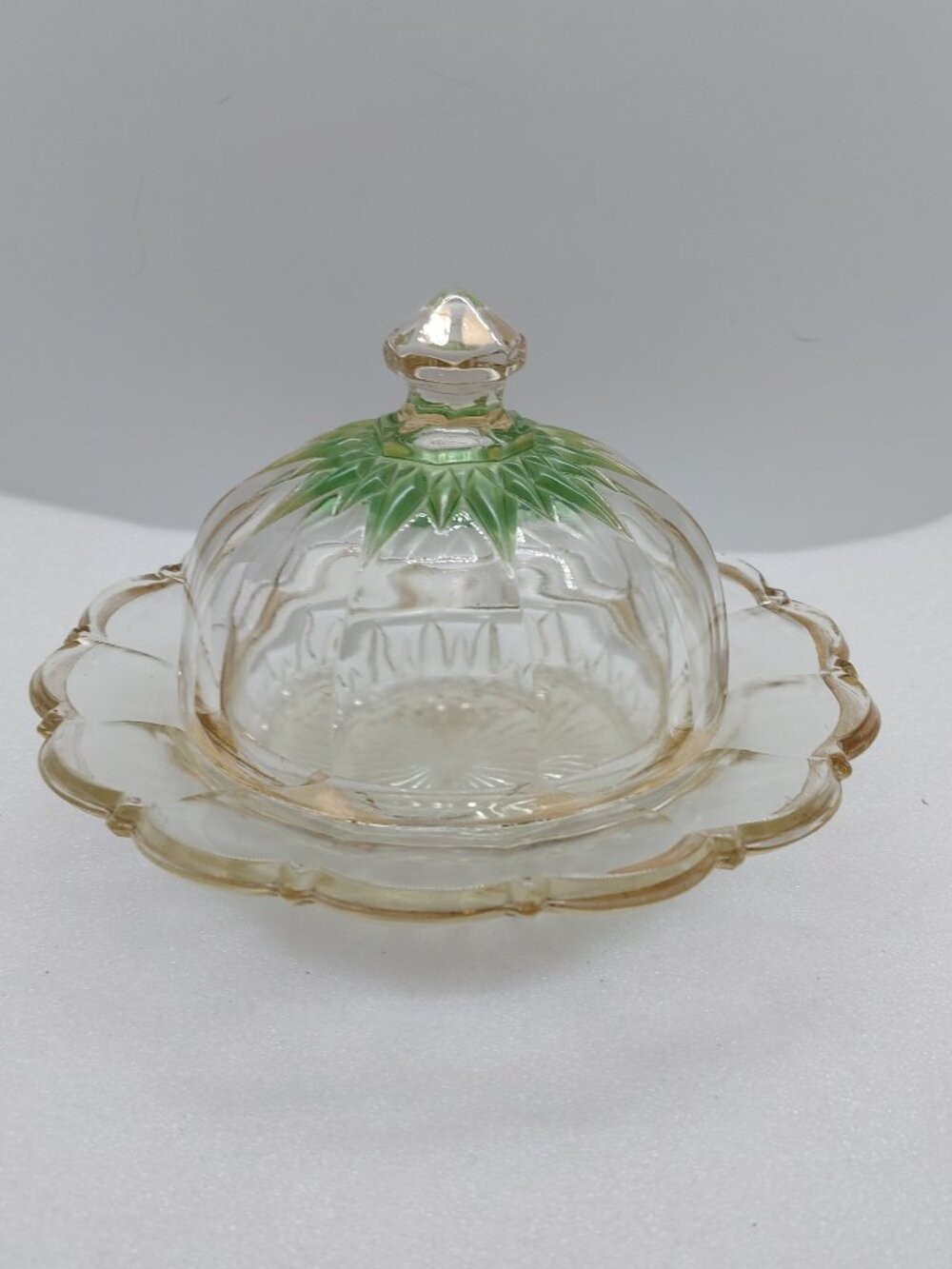 Vintage Presses Glass Covered Butter Dish Scalloped Edge Dome Lid Starburst